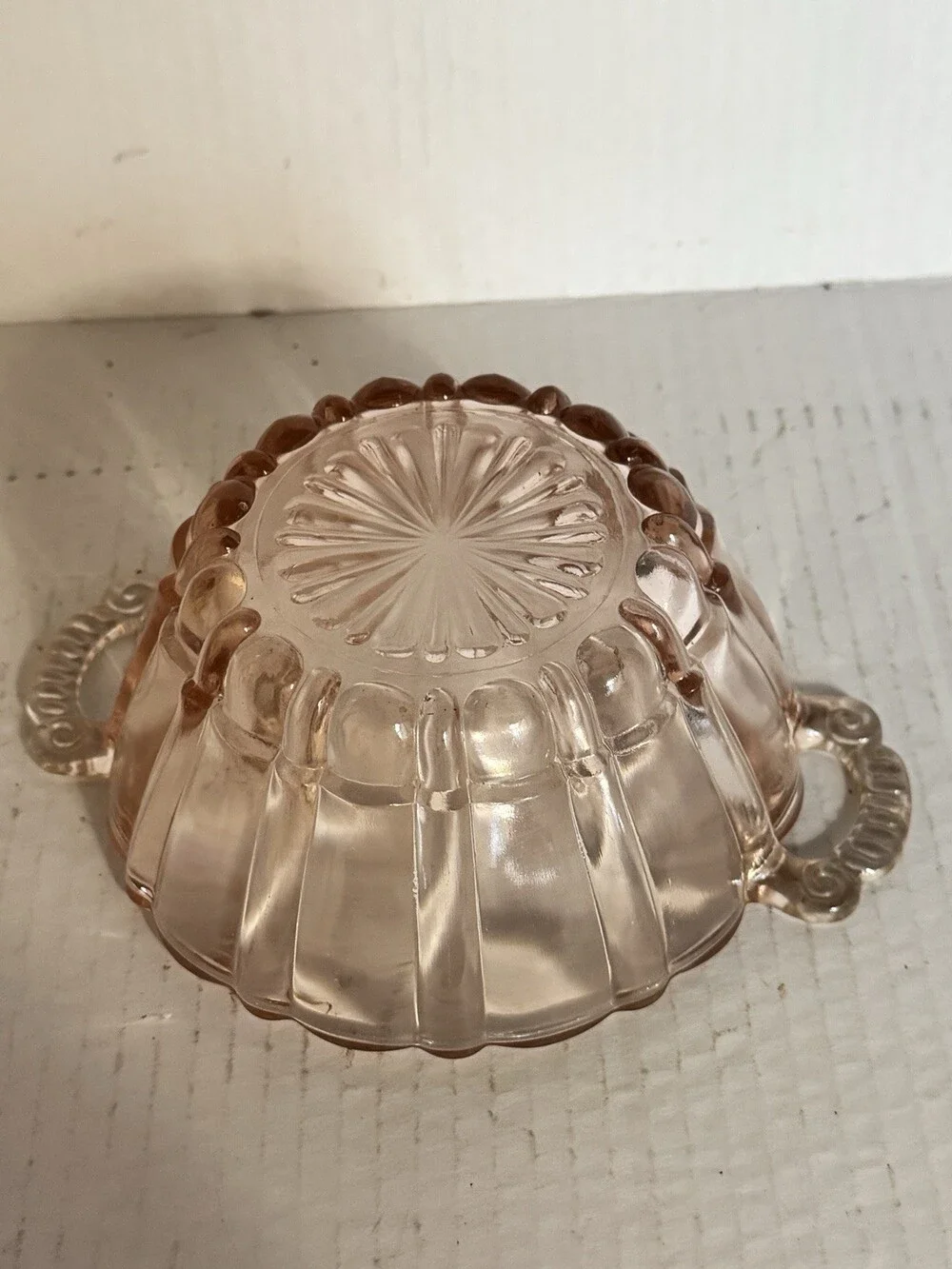 Vintage Pink Depression Glass 2 Handle Bowl Ribbed Scalloped Candy Serving Dish